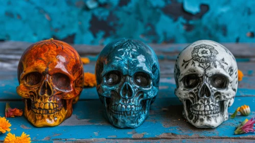 Intricately Painted Skulls on Blue Wooden Surface