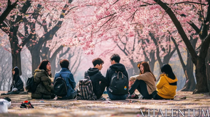 Joyful Gathering in a Blossoming Park | Friends Enjoying Each Other's Company AI Image