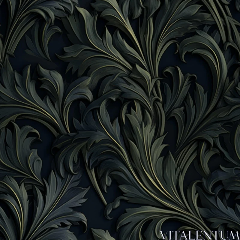 Luxurious Dark Green Leaves Pattern on Black Background AI Image