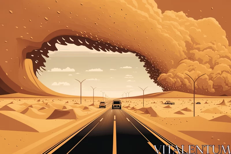 Mysterious Desert Road Illustration with Giant Duststorm Vortex AI Image