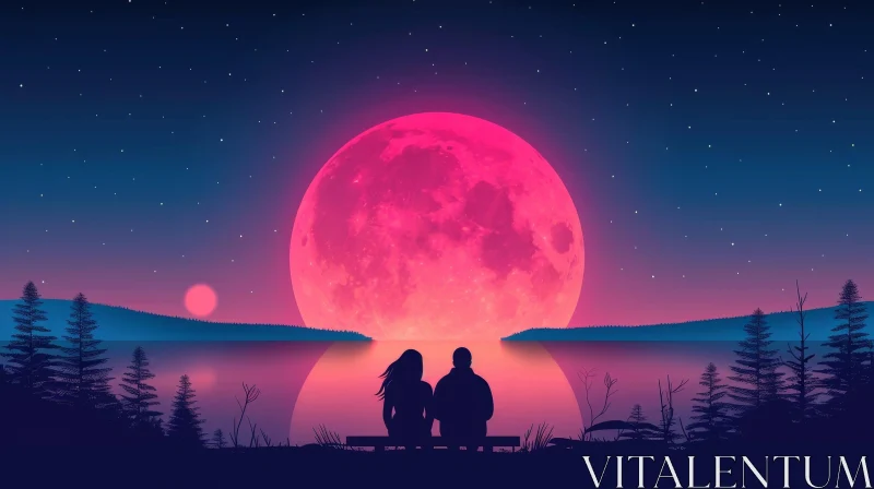 Pink Moon Rising Landscape at Lake AI Image