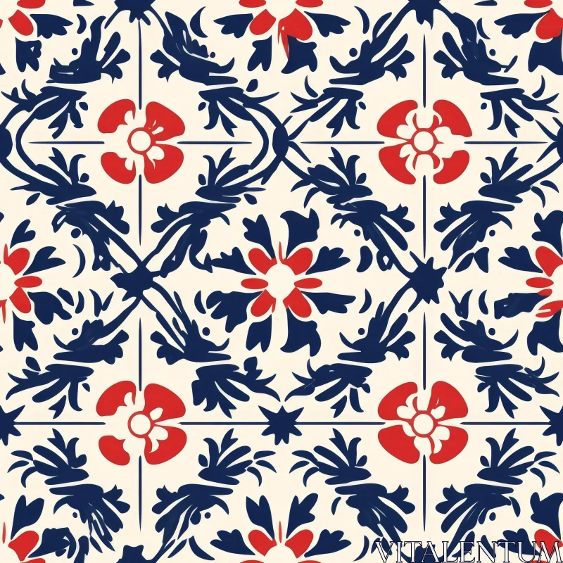 Red and Blue Floral Seamless Pattern Inspired by Portuguese Tiles AI Image