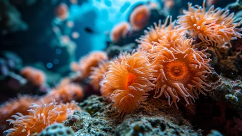 Serene Underwater Beauty: Orange Sea Anemones in Deep Blue Water