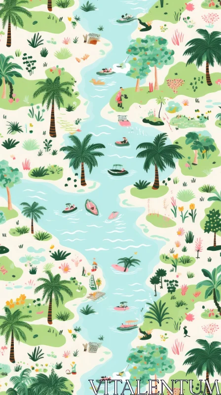 Tropical River Vector Illustration - Colorful Summery Scene AI Image
