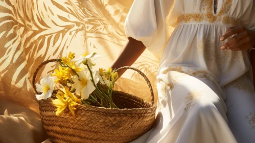 Woman in White Dress with Yellow Floral Embroidery and Daffodils