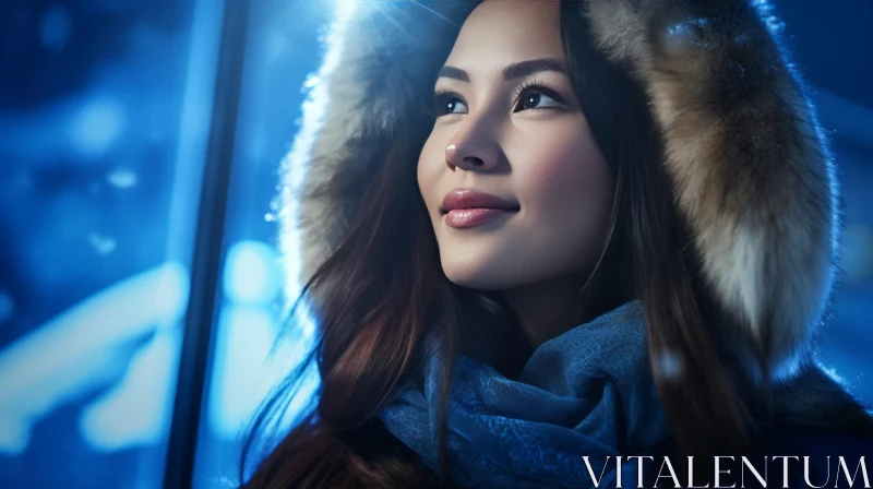 Young Woman in Fur-Trimmed Hood and Blue Scarf AI Image
