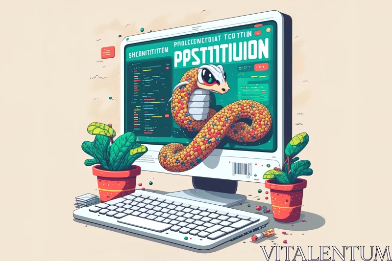 AI ART Captivating Artwork: Computer Screen with Snake and Potted Plants