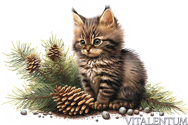 Captivating Illustration of a Kitten among Pinecones AI Image