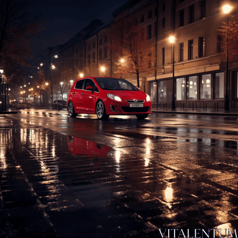 Captivating Night Photography of a Small Red Car Driving Out of the City AI Image