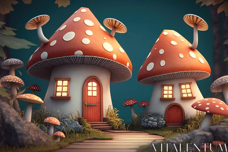 Charming 3D Mushroom Houses in a Enchanting Forest AI Image