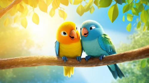 Charming Cartoon Parrots on Tree Branch