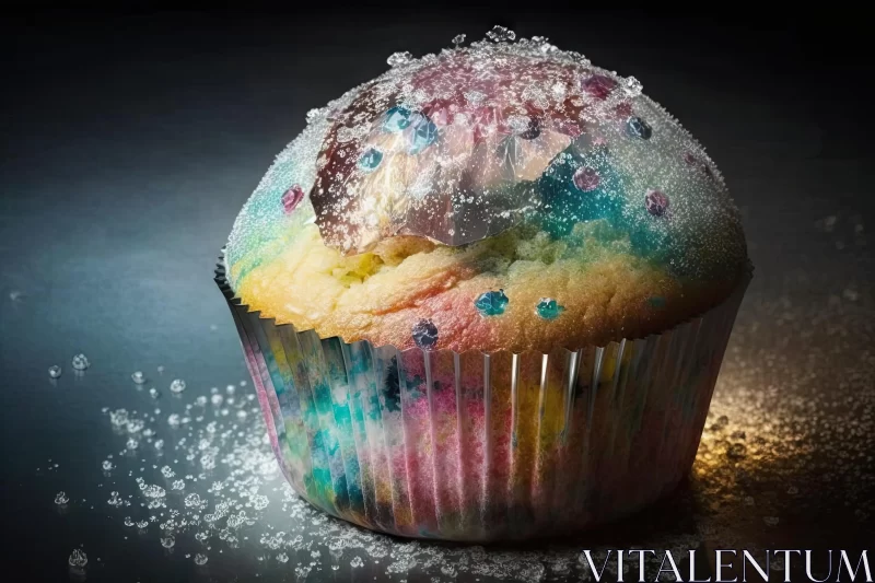 Colorful Cupcake with Bioluminescent Glow and Sparkling Crystals AI Image