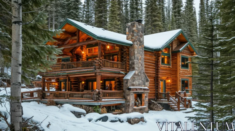 Cozy Log Cabin in Snowy Forest | Stone Fireplace AI Image