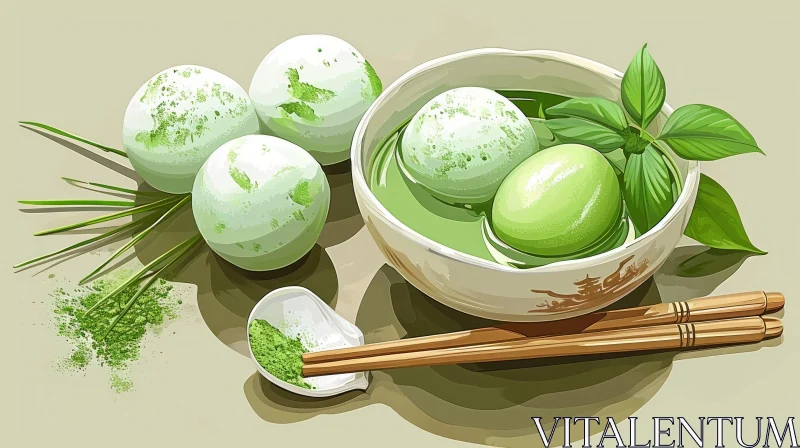 Delicious Matcha Green Tea and Mochi Painting AI Image