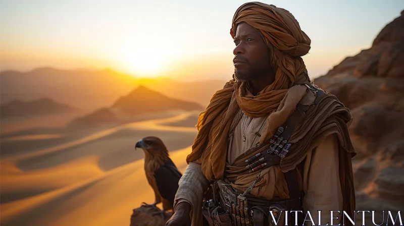 Desert Portrait: Weathered Man with Falcon in Traditional Arab Clothing AI Image