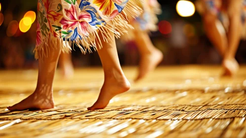 Elegant Barefoot Female Dancers in Floral Skirts on a Straw Mat
