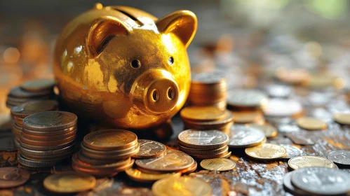 Golden Piggy Bank on Coins: Symbol of Financial Security and Prosperity