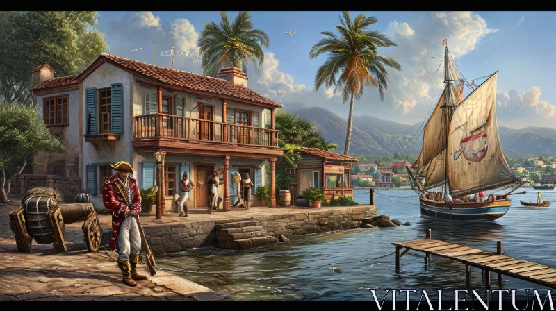 Pirate Village Digital Painting on a Tropical Island AI Image