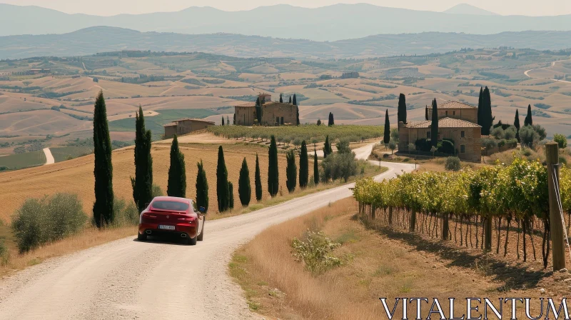 Red Car Driving in Tuscany Countryside - Serene Nature View AI Image