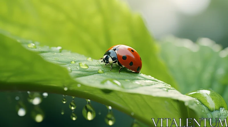 AI ART Red Ladybug on Green Leaf - Nature Image