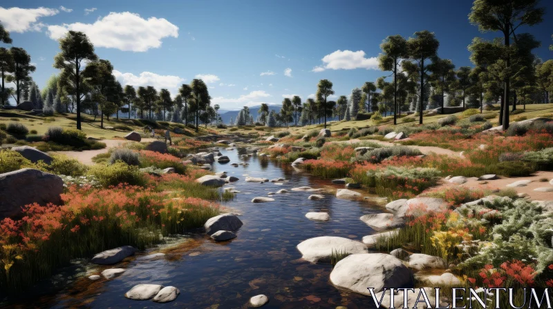 Scenic Mountain Landscape with River and Lush Vegetation AI Image