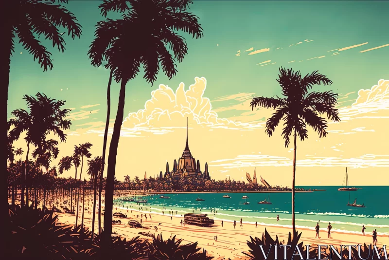 Serene Beach Scene with Palm Trees and Statue | Cityscapes Inspired Illustration AI Image