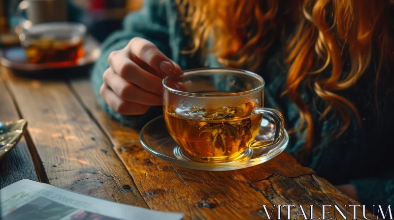 Serene Woman Drinking Tea - Peaceful Moment Captured AI Image