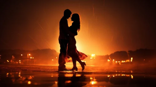 Silhouette Couple Embracing in Rain at Night