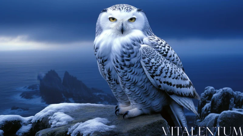 Snowy Owl on Snow-Covered Rock | Wildlife Photography AI Image