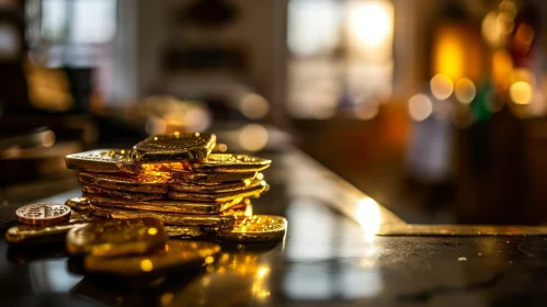 Stack of Gold Bars on Reflective Surface - Symbol of Wealth and Prosperity