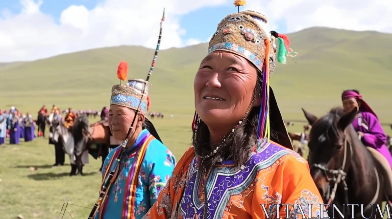 Traditional Mongolian Clothing in a Field with Horses | Cultural Heritage AI Image