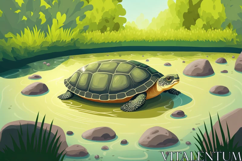 Tranquil Turtle Swimming in Forest Pond | Flat Shading Illustration AI Image
