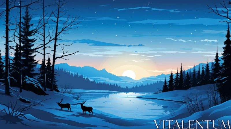 Tranquil Winter Landscape with Deer by Frozen Lake AI Image