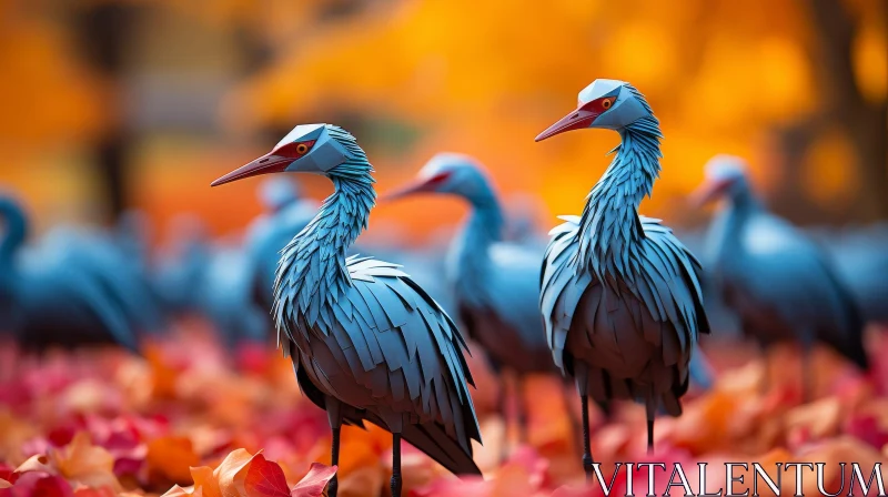 Blue Cranes in Autumn Field AI Image