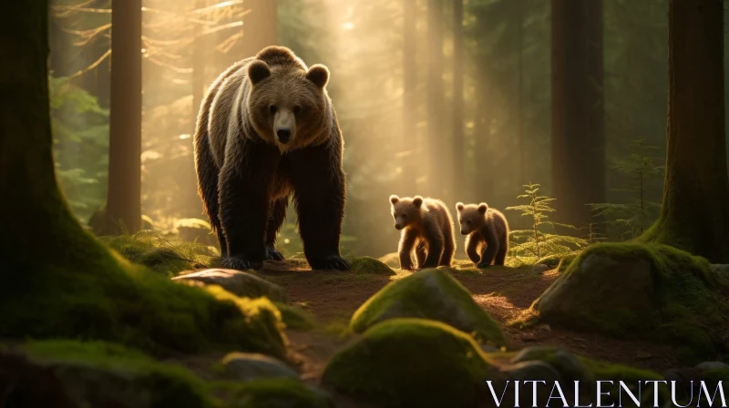 AI ART Brown Bear and Cubs in Enchanting Forest Scene