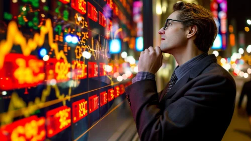 Businessman Analyzing Stock Market Ticker | Thoughtful Expression