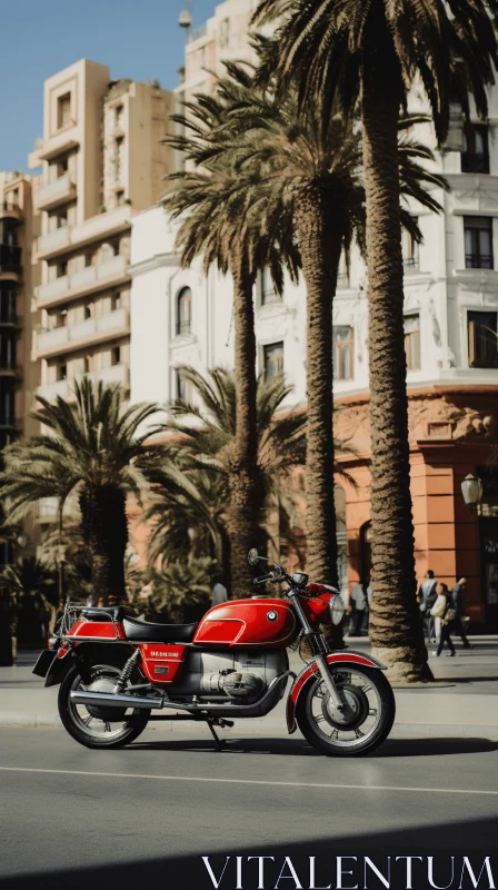 Captivating Red Motorbike: Vintage Atmosphere and Orientalist Landscapes AI Image