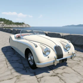 Delicately Rendered Classic Jaguar Sports Car by the Seaside