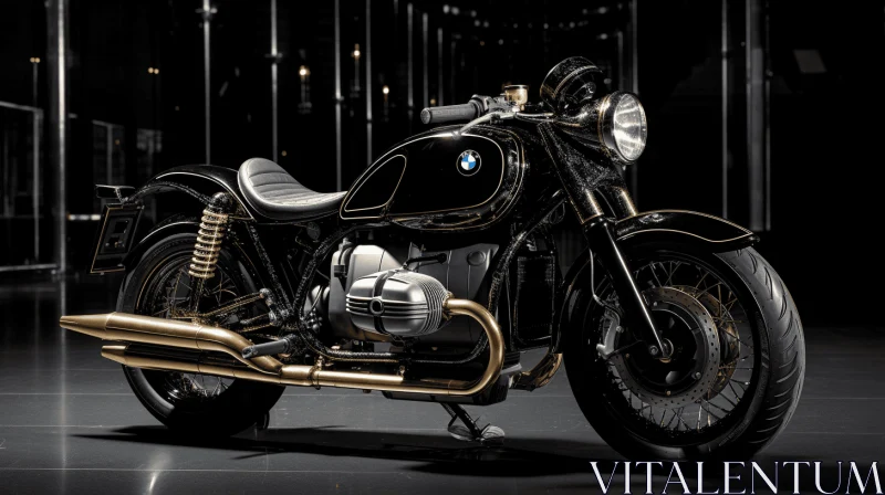 Elegant Black and Gold BMW Motorcycle in a Dark Room - Golden Age Illustrations AI Image