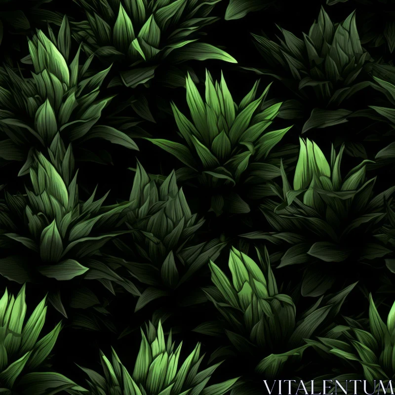 Green Leaves Pattern on Black Background AI Image