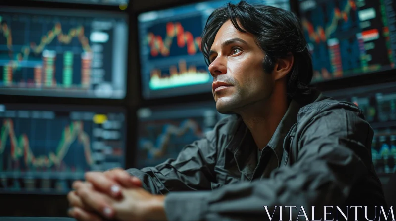 Intense Stock Trader in Dimly Lit Room | Technology Art AI Image