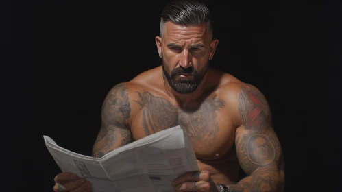 Muscular Man Reading Newspaper in Dark Room