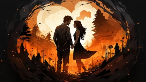 Peaceful Forest Painting of a Couple at Sunset