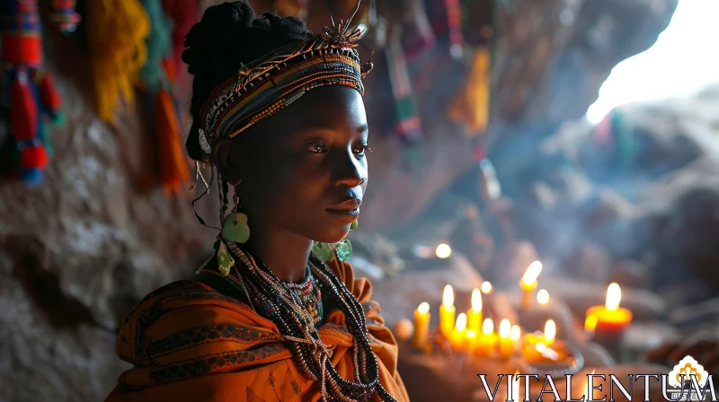 Serene African Woman in Traditional Headdress and Jewelry AI Image