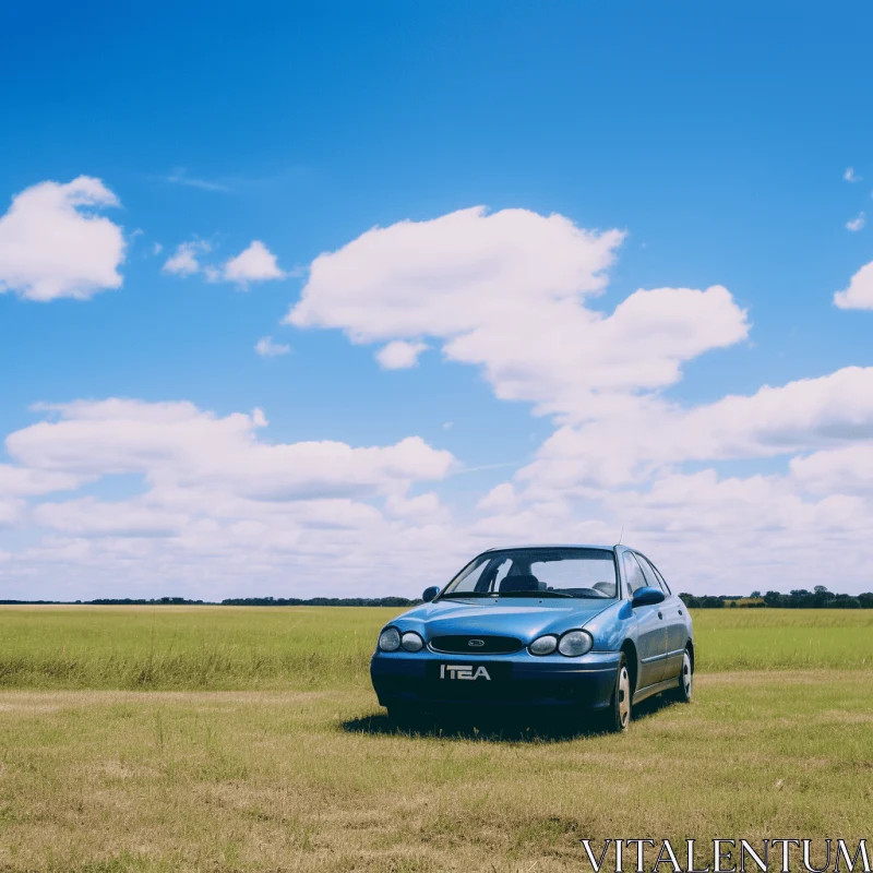 AI ART Serene Blue Car Parked in a Green Field with Clouds - Photorealistic