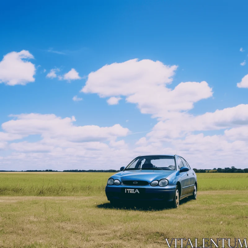 Serene Blue Car Parked in a Green Field with Clouds - Photorealistic