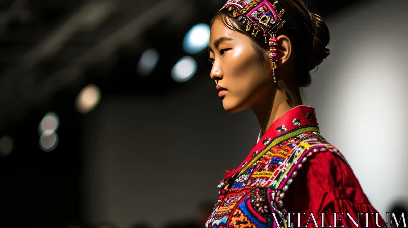 Stunning Asian Model in Red Embroidered Jacket with Colorful Patterns