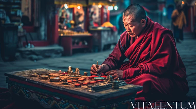 Tranquil Buddhist Monk Creating a Captivating Sand Mandala AI Image