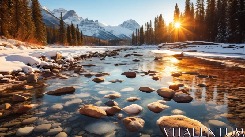 AI ART Winter Mountain River Landscape