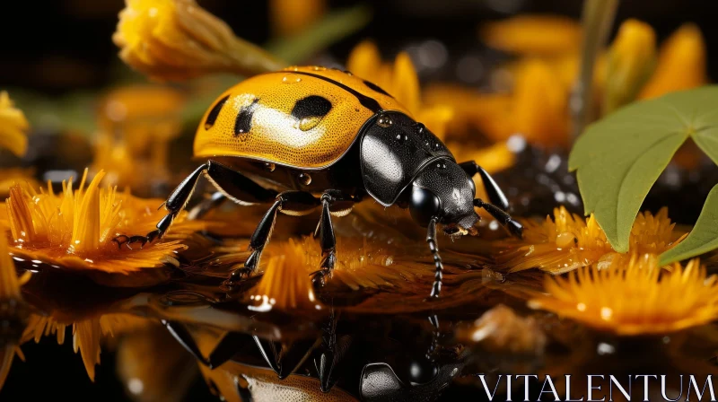 Yellow Ladybug on Flower Close-Up Photo AI Image